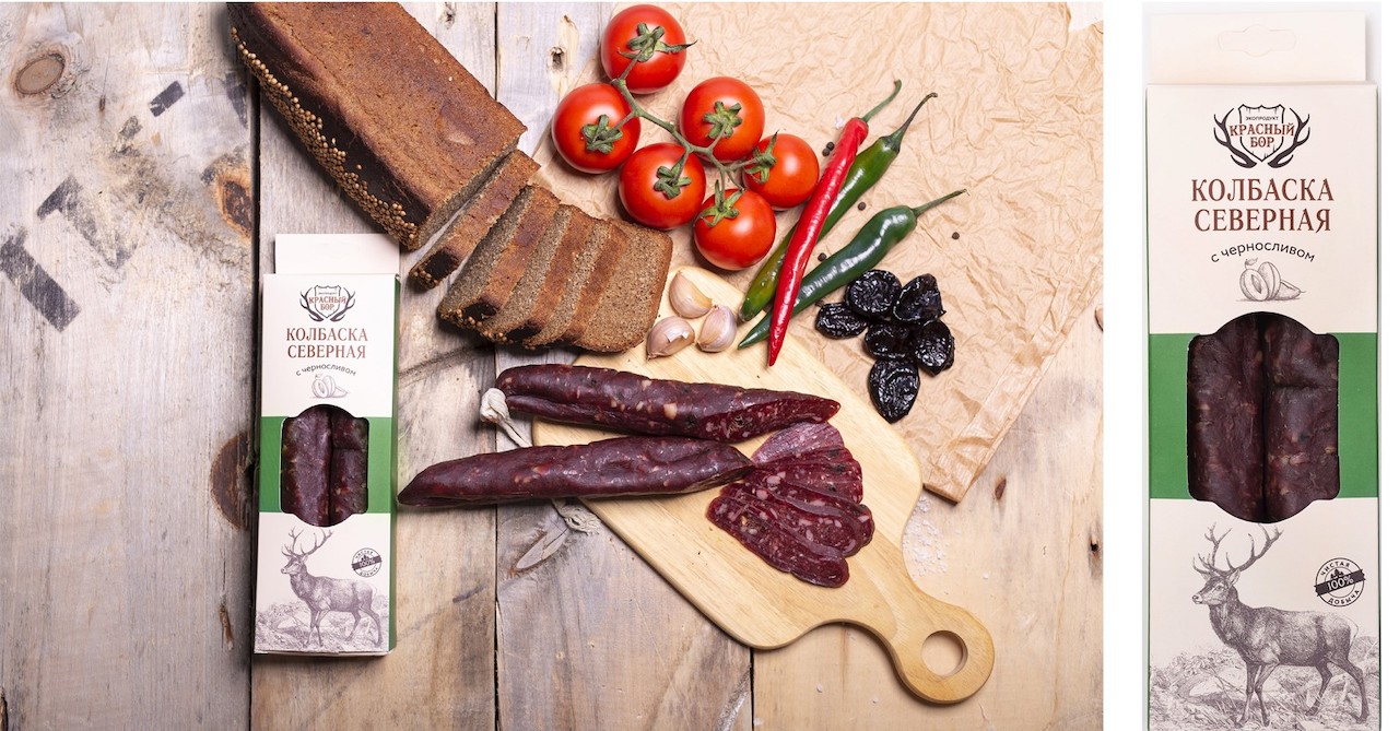 Продукт из мяса лося и оленя рубленый сыровяленый «Колбаска северная с черносливом»